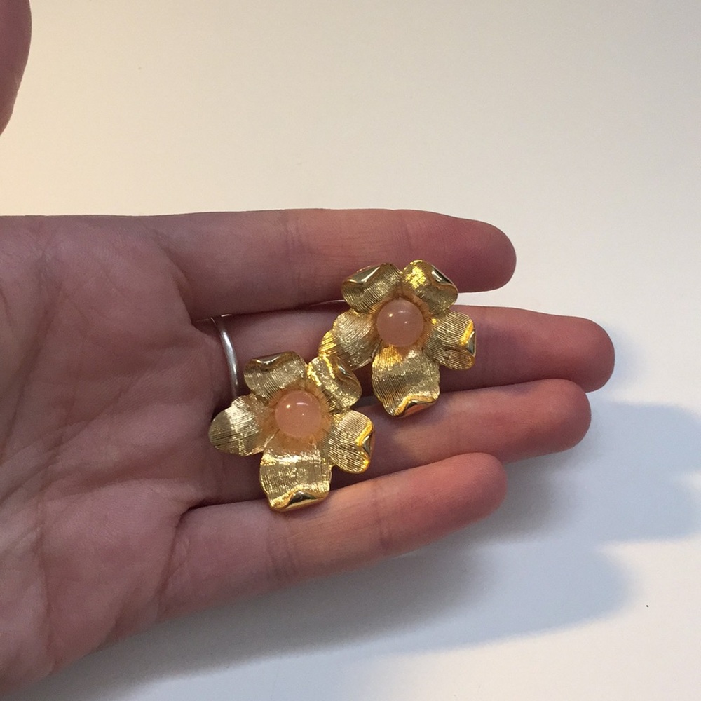 EARRINGS gold and pink flowers large